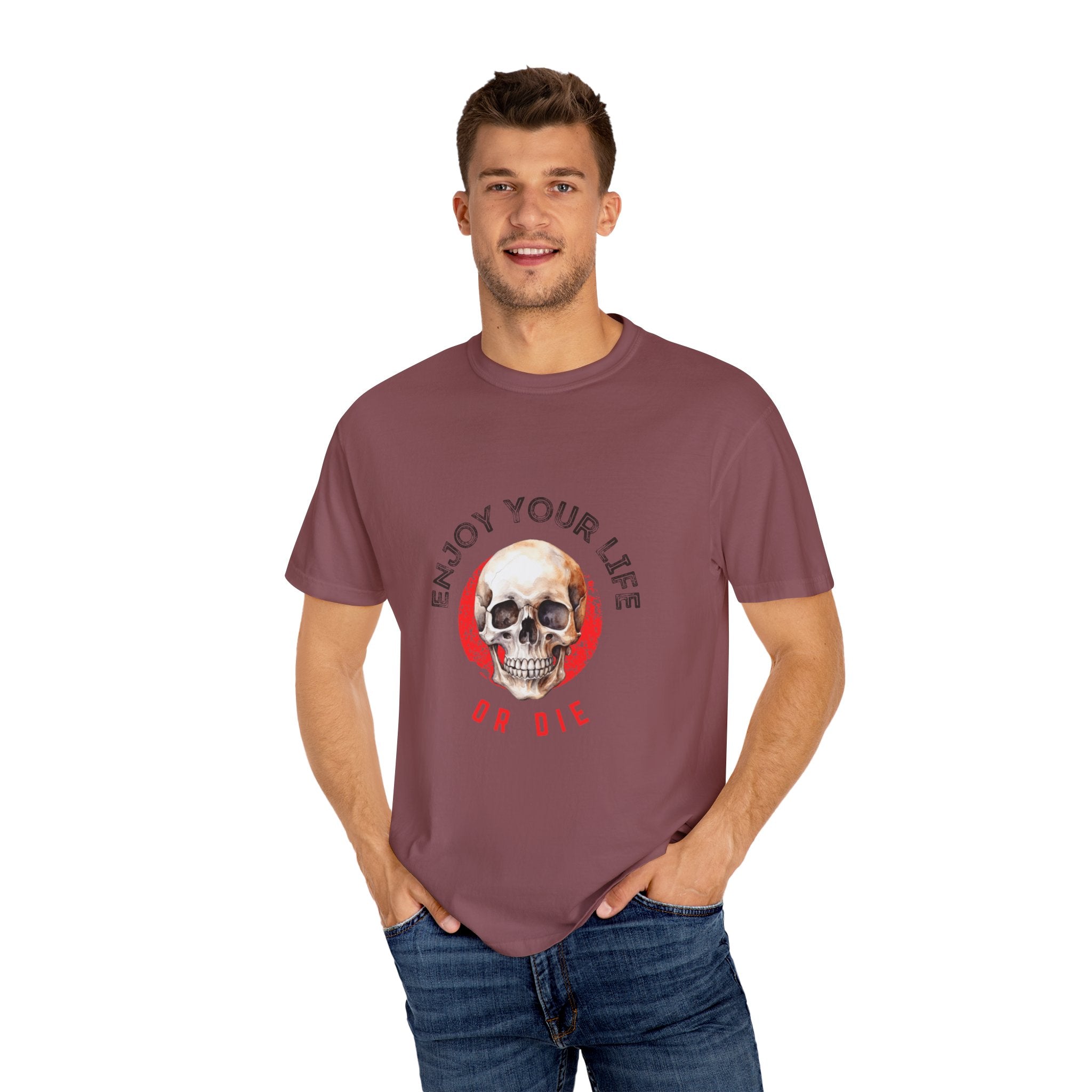 Skull Graphic T-Shirt, Enjoy Your Life Tee, Unisex Casual Shirt, Alternative Fashion, Edgy Gift for Halloween, Summer Wardrobe