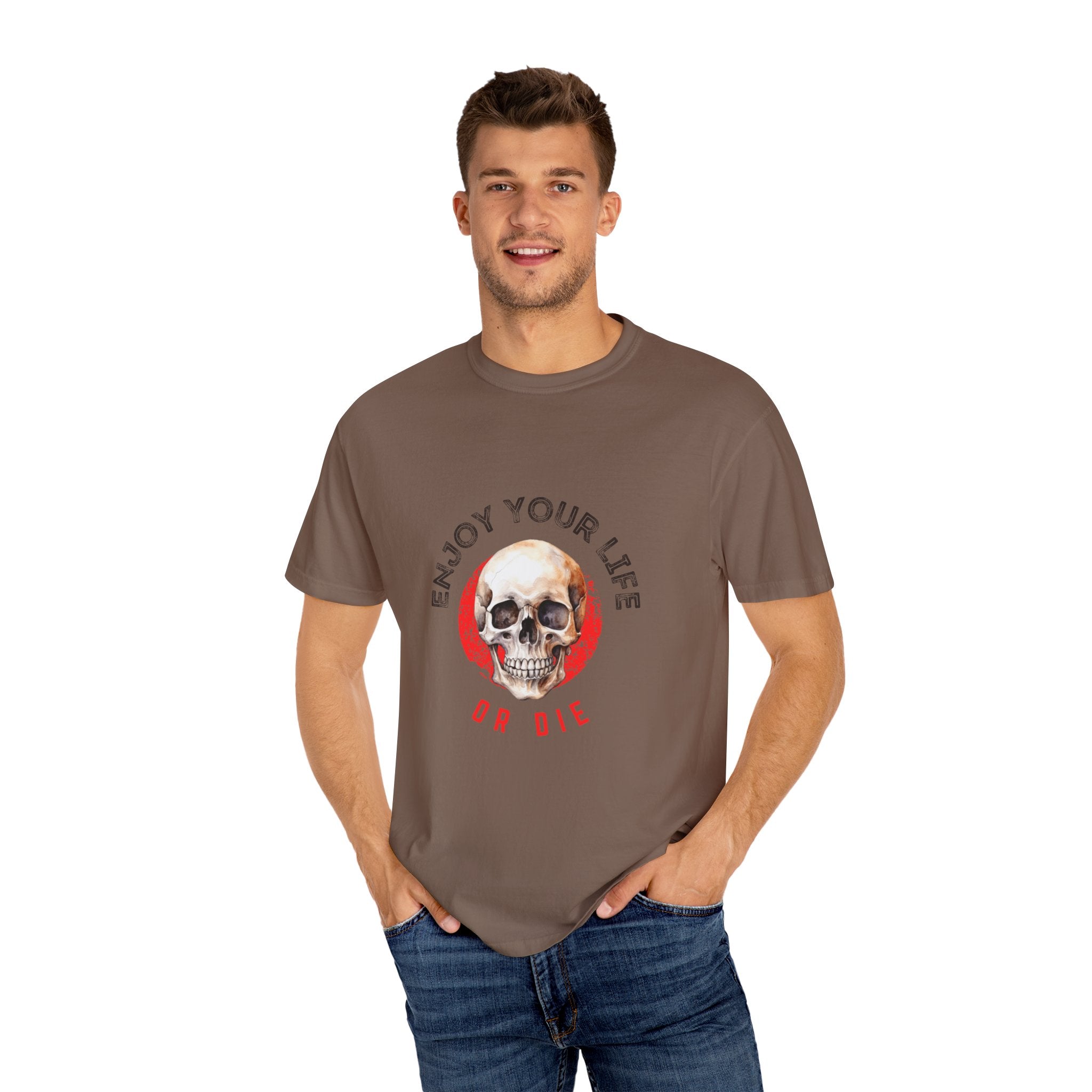 Skull Graphic T-Shirt, Enjoy Your Life Tee, Unisex Casual Shirt, Alternative Fashion, Edgy Gift for Halloween, Summer Wardrobe