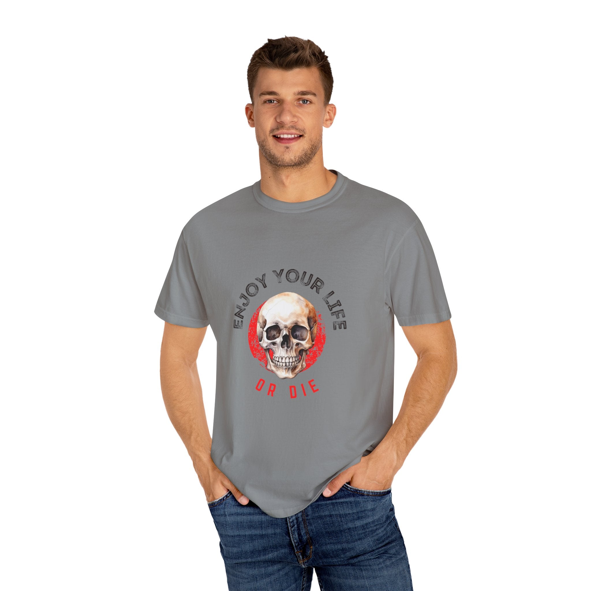 Skull Graphic T-Shirt, Enjoy Your Life Tee, Unisex Casual Shirt, Alternative Fashion, Edgy Gift for Halloween, Summer Wardrobe